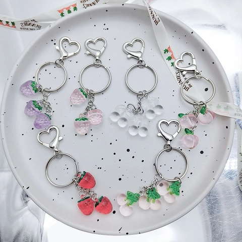 Frucht Schlüsselanhänger Süß Transparent Acryl Erdbeere Kirsche Pfirsich Herz Verschluss Tasche Anhänger