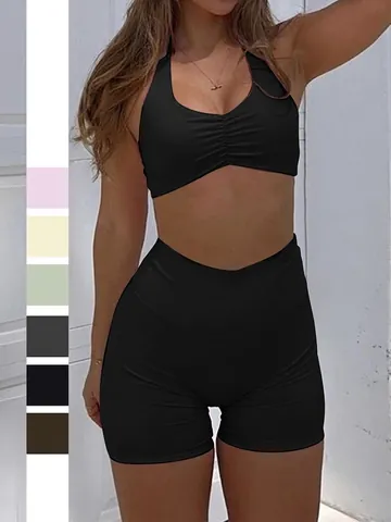 Women Ruched Halter Crop Top And High Waist Shorts Outfits Sporty Yoga Polyester Elastane Solid Color Sleeveless