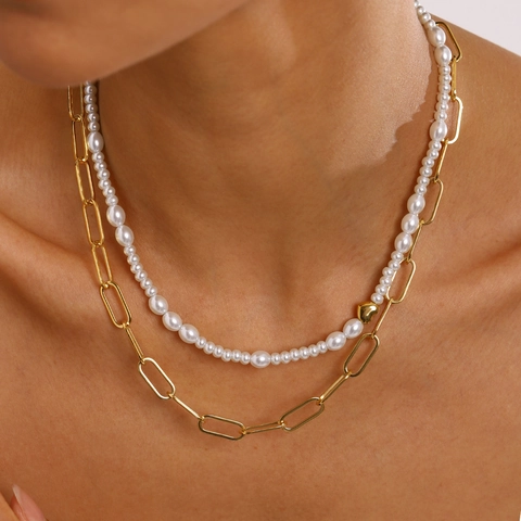 Collar De Doble Capa De Acero Inoxidable Con Perla Artificial De Vidrio Y Colgante De Corazón Cadena De Clip Joyería Para Mujer