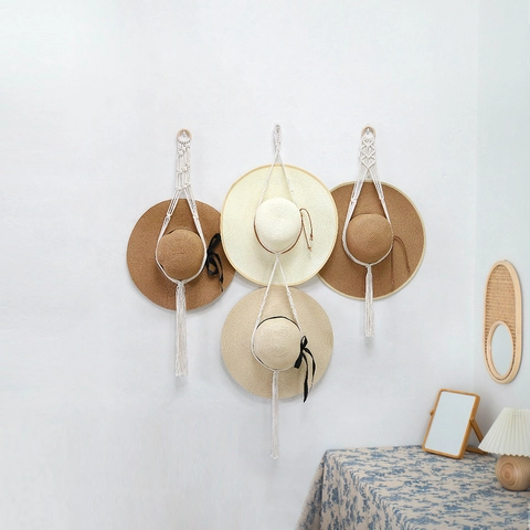 Organizzatore Per Cappelli In Macramè Da Parete Corda Di Cotone Fatta A Mano Anello In Legno Appendiabiti Bohemien Per Camera
