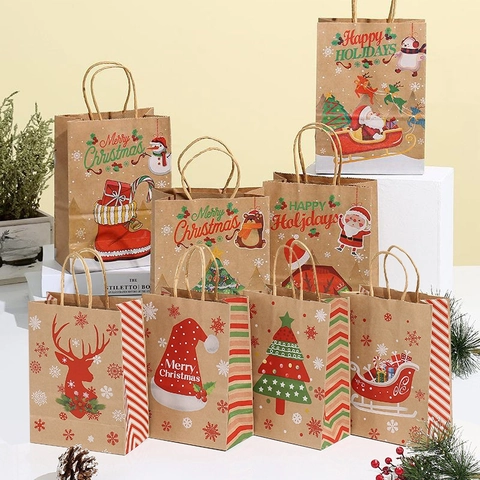 Bolsas De Regalo De Navidad Papel Kraft Con Asas Patrones Festivos Para Envolver Dulces De Fiesta