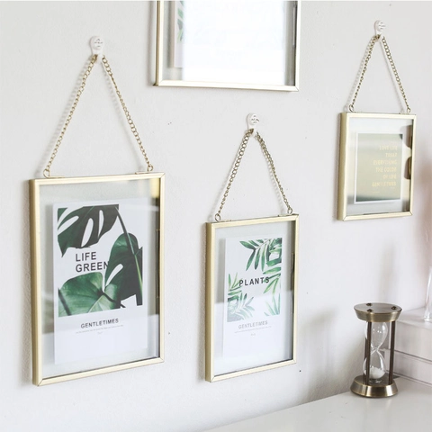 Hängender Glas Bilderrahmen Gold Messing Metallrahmen Mit Kette Für Bilder Pflanzenproben Rechteckig Nordischer Stil