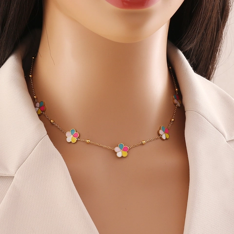 Flower Necklace Bracelet Earrings Ring Stainless Steel Enamel Colorful Floral Jewelry Women Gold Plated Fashion Jewelry