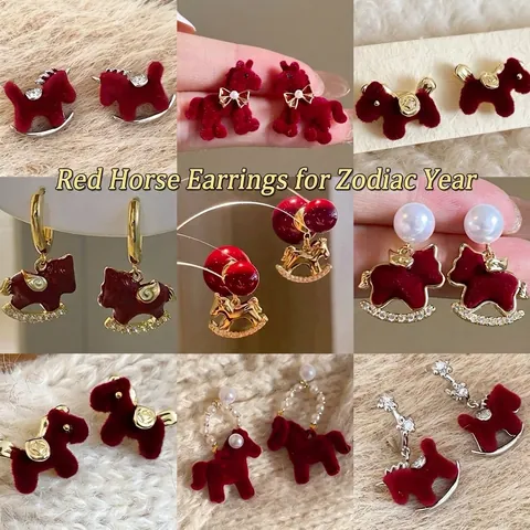 Red Rocking Horse Stud Earrings With Silver Earring Post Flocked Alloy Imitation Artificial Pearl Zircon Retro Festive For Women
