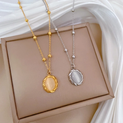 Collana Con Pendente In Pietra Occhio Di Gatto Rotante Minimalista Acciaio Al Titanio Elegante Gioiello Donna