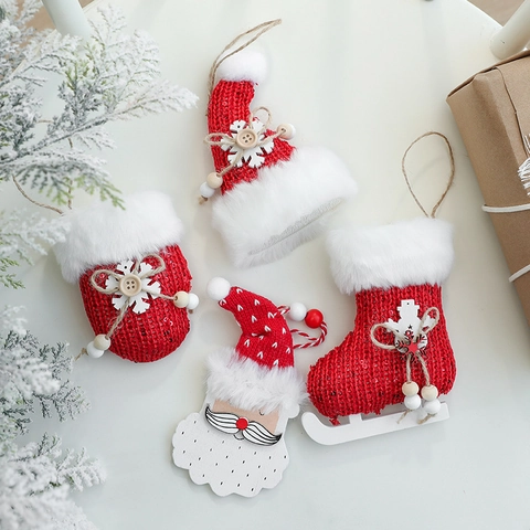 Adornos De Navidad De Punto De Piel Sintética Colgantes De Madera Papá Noel Mitones Gorro Calcetín Decoración Árbol