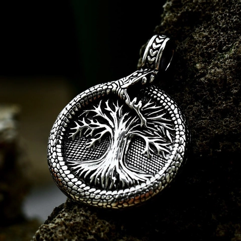 Viking Tree Of Life Ouroboros Pendant Stainless Steel Nordic Celtic Mythology Round Retro Silver Color Jewelry For Men