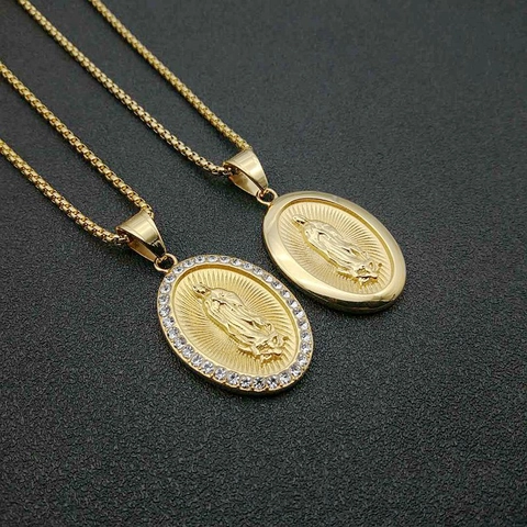 Collar Con Colgante De La Virgen María De Acero Inoxidable De Titanio Chapado En Oro Joyería Religiosa De Hip Hop