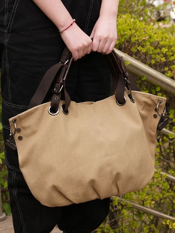 Bolso Tote De Lona Lavada Gran Capacidad Bolso De Hombro Para Mujer Retro Casual Con Correa Ajustable Y Remaches