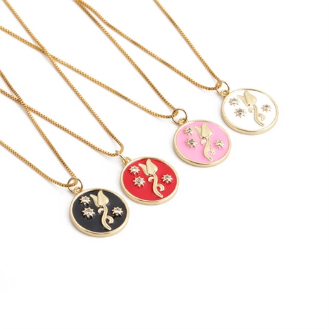 Tulip Pendant Necklace Copper Enamel Flower Star Round Zirconia Box Chain Elegant Jewelry For Women
