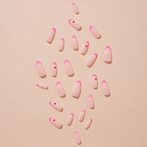 French Tip Press On Nails Pink Almond Shape With Red Heart Pattern Detachable Artificial Fingernails For Women