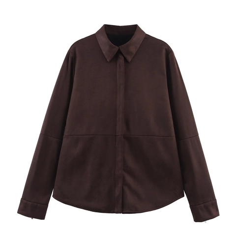 Women Faux Suede Blouse Shirt Long Sleeve Lapel Zip Cuffs Casual Solid Color Fashion Chic Autumn Top