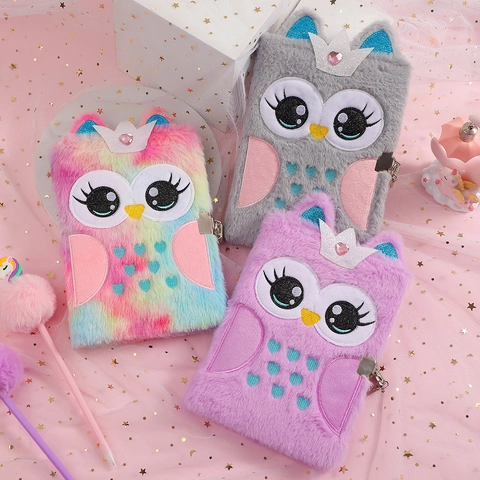 Plush Owl Notebook With Metal Lock And Keys Decorative Crown Furry Writing Diary For Kids Girls Cartoon Secret Journal