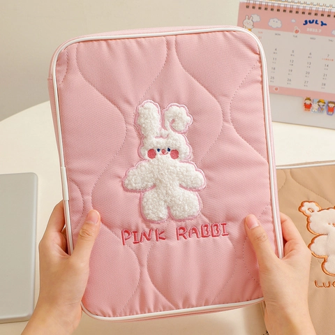 Laptop Sleeve Case Quilted Polyester Cotton Plush Cartoon Rabbit Bear Shockproof Protective Tablet Cover For Students Girls