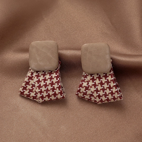 Houndstooth Fabric Drop Earrings With 925 Sterling Silver Earring Post Vintage Square Leather Geometric Jewelry Women