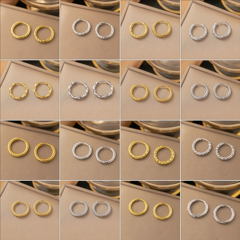 Titanium Steel Hoop Earrings For Women Gold Plated Hammered Geometric Twisted Texture Star Pattern Fashion Jewelry