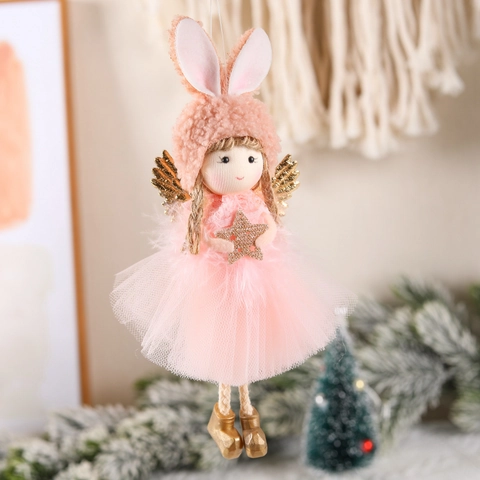 Weihnachtsengel Puppen Anhänger Plüsch Strick Lange Hasenohren Netzrock Goldene Flügel Herz Stern Baumschmuck Heimdekoration
