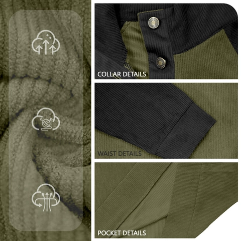 Men Pullover Sweatshirt Long Sleeve Corduroy Stand Collar Henley Patchwork Raglan Sleeve Elbow Patches Casual Urban Top