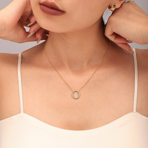 Stainless Steel Double Circle Zirconia Pendant Necklace Bracelet Ring Jewelry For Women Minimalist Fashion Accessory