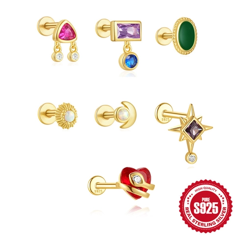 Stud De Cartilage D'oreille En Argent Sterling 925 Piercing Labret Dos Plat Zircon Opale Cœur Serpent Lune Étoile