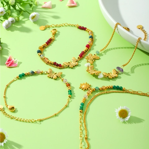 Edelstahl Schmetterling Sonne Anhänger Armband Für Damen Boho Perlen Naturstein Goldene Kette Schmuck Mode Hand Accessoire