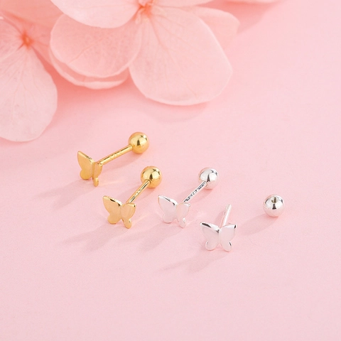Pendientes de Botón de Mariposa de Plata de Ley S925 Con Cierre de Rosca para Mujer Joyería Minimalista Dainty Helix Bone Nail