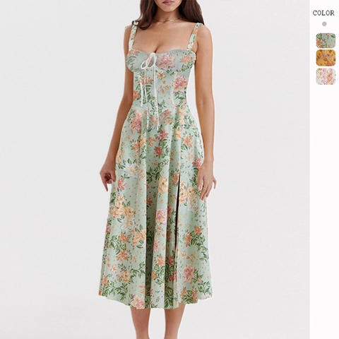Blumendruck Polyester Midi Kleid Camisole Rückenfrei Korsett Stil Ärmellos Hohe Taille Sommer Französisch Vintage Sexy Damen