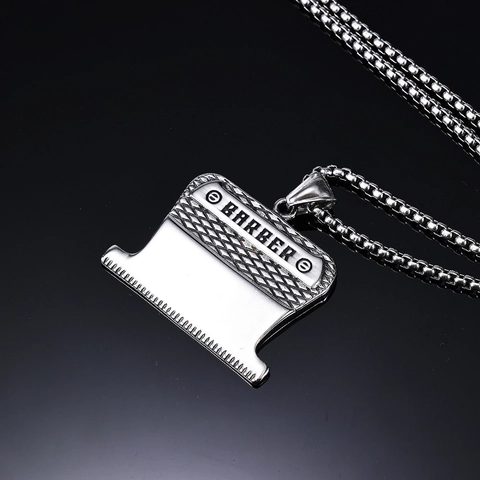 Collana Pendente Lama Tagliacapelli Barbiere Acciaio Inossidabile Inciso BARBER Punk Hip Hop Gioielli Da Uomo Unisex