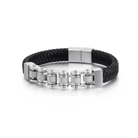 Bracciale da Uomo di Tendenza in Corda di Pelle Artificiale Intrecciata Catena da Moto in Acciaio Inossidabile al Titanio Stile Punk Industriale