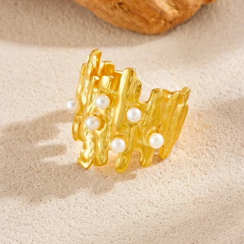 Stainless Steel Ring Gold Plated Irregular Molten Texture With White Faux Artificial Pearls Adjustable Open Jewelry For Women