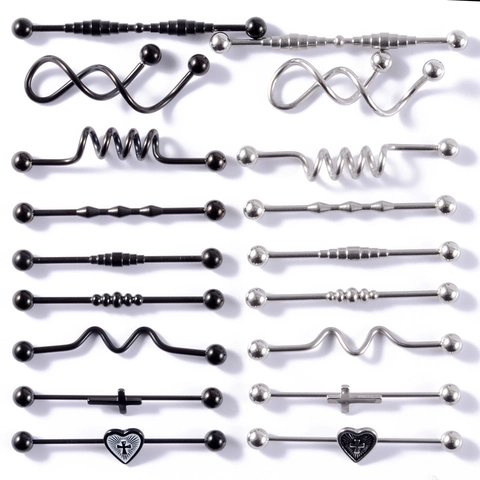 Industrial Barbells Earrings Stainless Steel Snake Cross Heart Flower Piercing Jewelry For Women Men Punk Style