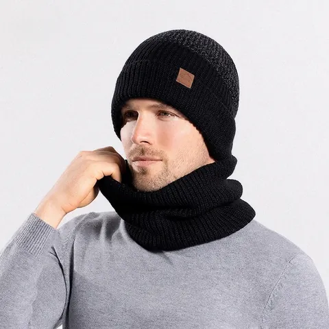 Berretto In Maglia Invernale E Scaldacollo Acrilico Foderato In Peluche Accessori Termici All'Aperto Per Uomo