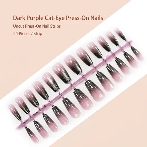Uñas Postizas Cat Eye Forma De Ataúd Largo Brillo Degradado Negro Morado Resina Uñas Artificiales Para Mujer