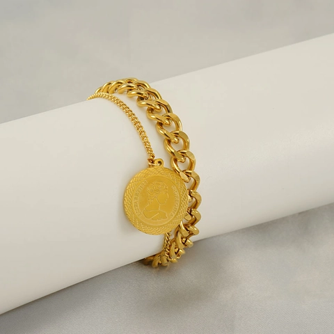 Double Layer Stainless Steel Chain Bracelet 18K Gold Plated Queen Head Coin Pendant Curb Link Jewelry For Women Men