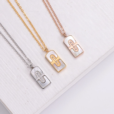Collana Con Pendente In Acciaio Inossidabile Madreperla Geometrico Rettangolare Per Donna Gioielli Eleganti Zirconia