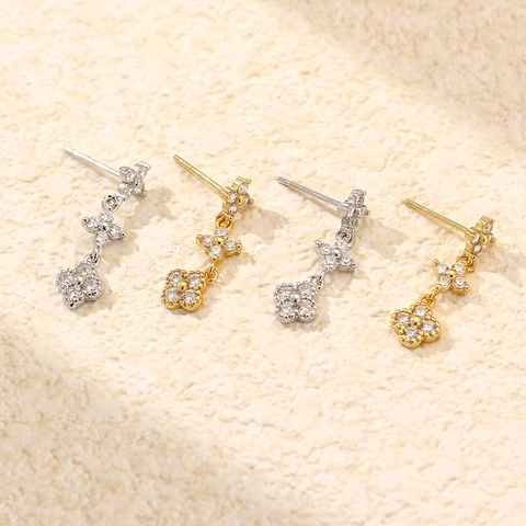 Orecchini Pendenti In Argento Sterling 925 Triplo Quadrifoglio Fiore Con Zirconi Scintillanti Gioielli