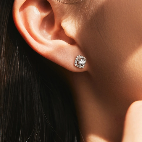 925 Sterling Silver Square Halo Stud Earrings Elegant Rhinestone Geometric Earring For Women OL Daily Commute Jewelry