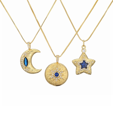 Minimalist Celestial Pendant Necklace Gold Plated Copper With Blue Stone Micro Pave Zircon Moon Star Sun Geometric Box Chain Jewelry For Women
