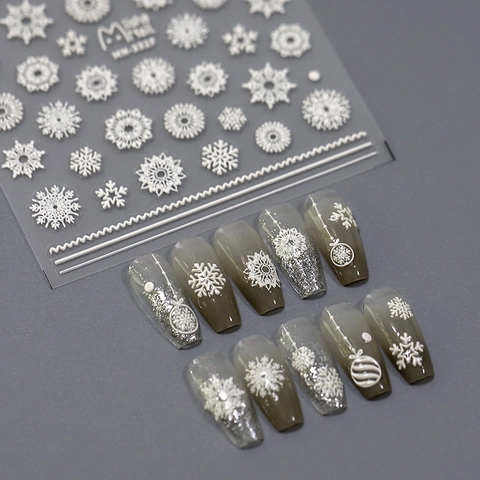 3D Relief Nail Stickers White Snowflake Christmas Patterns Self Adhesive Winter Holiday Manicure Decoration
