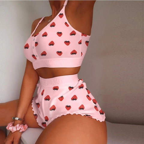 Women Pajama Set Camisole Top And Ruffled Shorts Polyester Slim Fit Printed Sleepwear Loungewear Spaghetti Strap