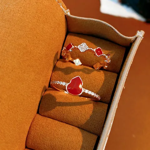 Calabash Verstellbarer Ring Kupfer Mit 18K Gold Beschichtung Rote Emaille Und Zirkonia Vintage Schmuck Für Damen
