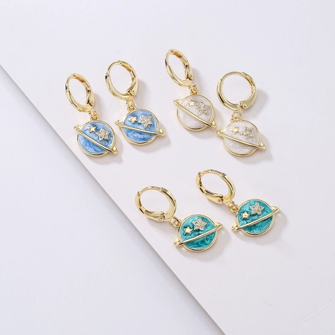 Planet Hoop Ohrringe Kupfer Vergoldet Mit Zirkon Stern Emaille Tropföl Geometrischer Kreativer Schmuck Für Damen