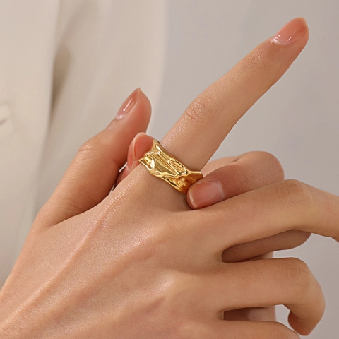 Irregular Shape Open Ring Stainless Steel Adjustable Lava Texture Minimalist Vintage Fashion Jewelry For Women