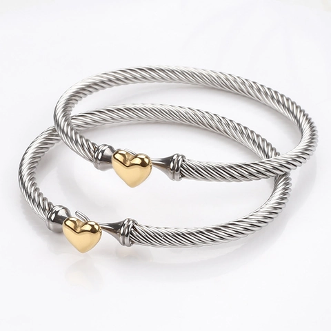 Bracciale Rigido Aperto In Acciaio Inossidabile Torsione Cavo Cuore Per Donna Placcato Oro 18K Bicolore Gioielli Minimalisti
