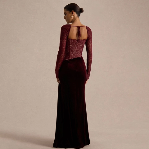 Sexy Spitze Samt Patchwork Abendkleid Eckiger Ausschnitt Hoher Schlitz Langarm Rückenfrei Elegant Bodenlang Kleid Für Damen