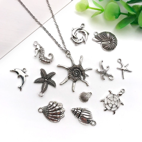 Vintage Antiek Zilveren Legering Oceaan Zeedieren Charms Schelp Zeester Dolfijn Zeepaardje Schildpad Hangers Voor DIY