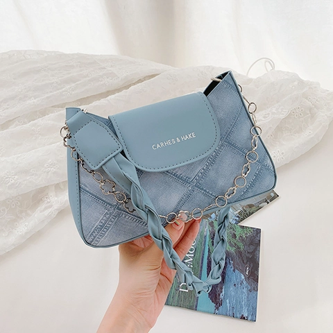 Borsa Baguette Da Donna Pelle PU Trama Denim Rombi Trapuntati Catena A Fiori Tracolla Intrecciata Sotto L'ascella Chic Casual