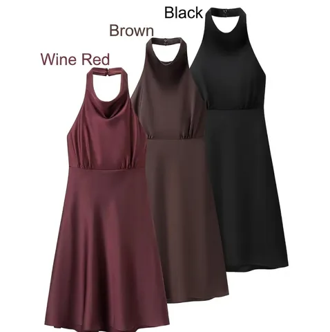 Mini Vestido Halter Satén Poliéster Espalda Descubierta Cintura Alta Elegante Color Sólido Moda Sin Mangas Para Mujeres