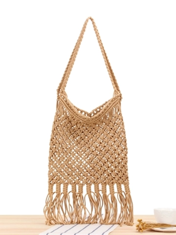 Handgefertigte Gewebte Baumwollseil Umhängetasche Macrame Hohlnetz Quaste Böhmische Strand Urlaub Handtasche Für Damen