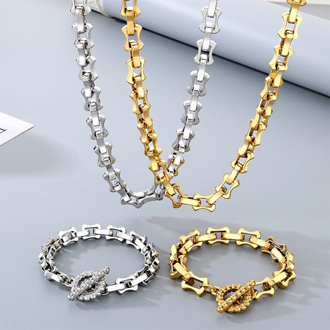 Herren Edelstahl Hip Hop Schmuckset Bambus Gliederkette Halskette Und Armband Punk Rock Heavy Style Schmuck Für Männer
